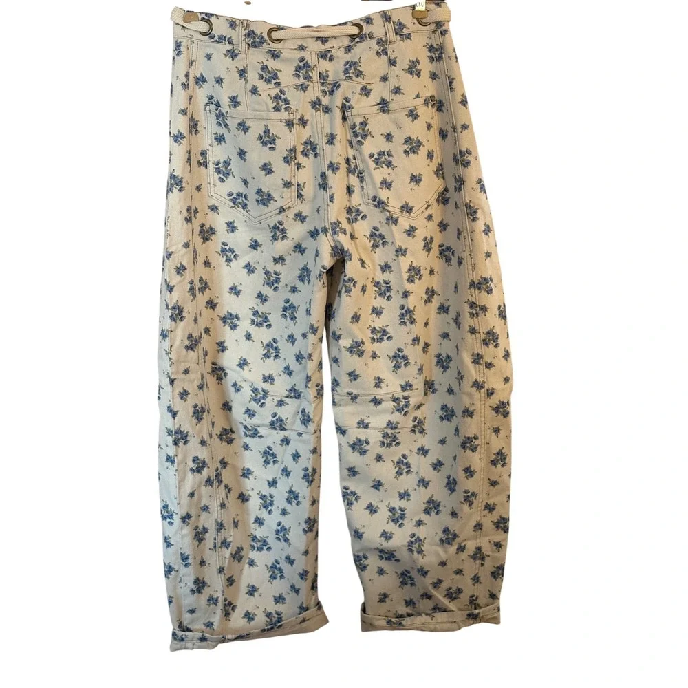 Peach Love California Floral Denim Pants Blue‎ Rose Drawstring Wide Leg Jeans M